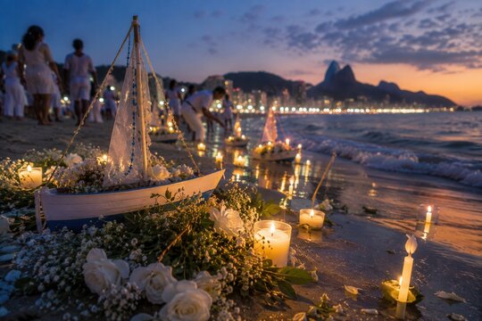 Wei&szlig;e Blumen, Kerzen und ein kleines Segelboot liegen als traditionelles Silvesteropfer am Strand von Rio de Janeiro, w&auml;hrend Menschen in Wei&szlig; am Wasser feiern.