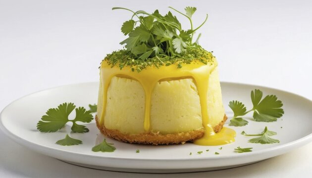 A beautifully plated potato timbale topped with a rich, glossy sauce and delicate herbs, presented on a white ceramic plate, AI generated
