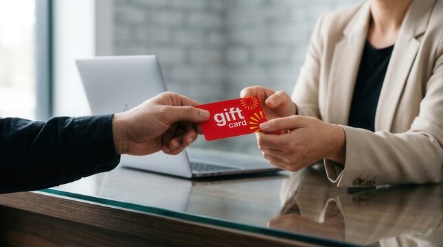 Close up of a colleague giving a gift card to a businesswoman in a modern workplace.