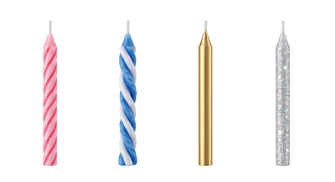 Four birthday cake candles in various colors isolated on transparent background