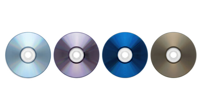 Four compact discs in different metallic colors isolated on transparent background