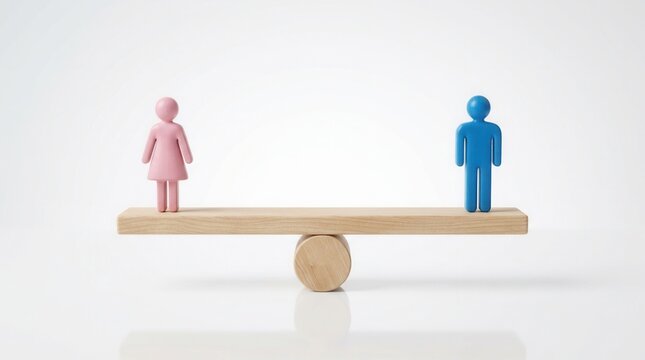 Minimalist concept of gender equality with male and female symbols balanced on a wooden seesaw.