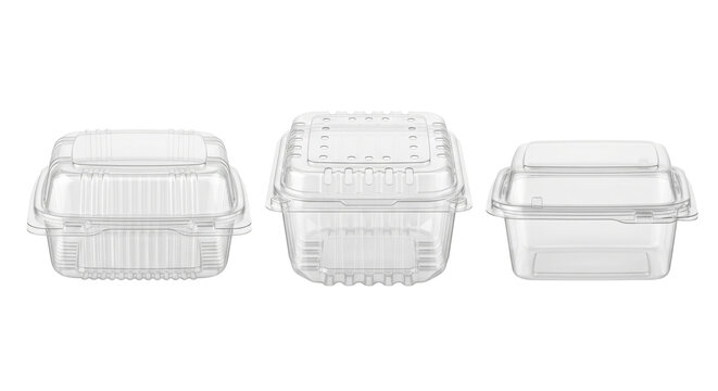 Three clear plastic clamshell food containers isolated on transparent background
