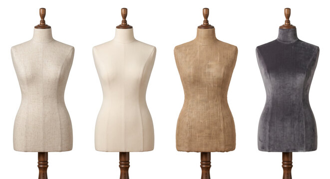 Four vintage fabric dress form mannequins isolated on transparent background