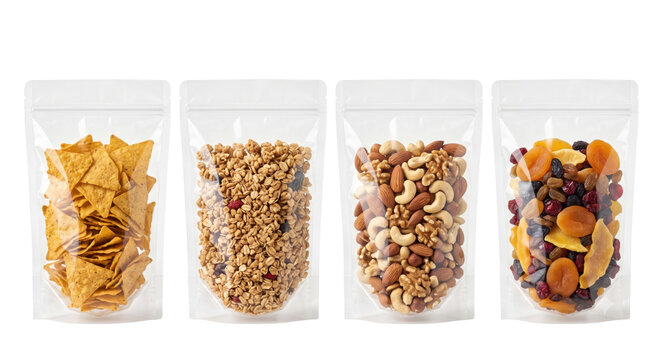 Four transparent snack pouches filled with food isolated on transparent background