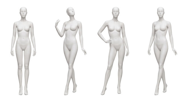 Four white female mannequin dummies isolated on transparent background