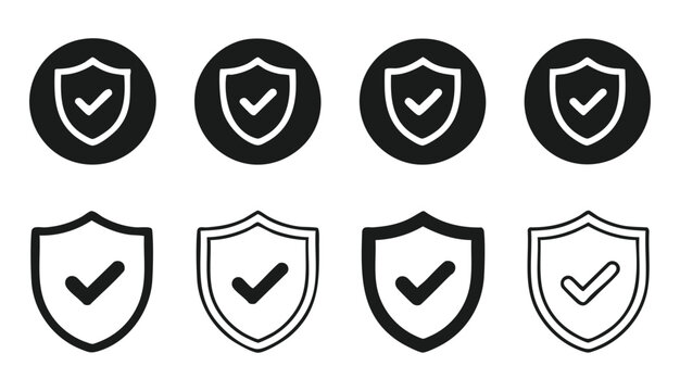 Shield check mark icon set on transparent background, security symbol with tick mark isolated.
