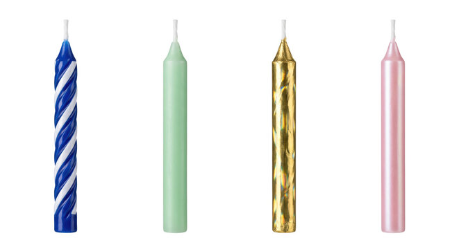 Four festive birthday cake candles isolated on transparent background