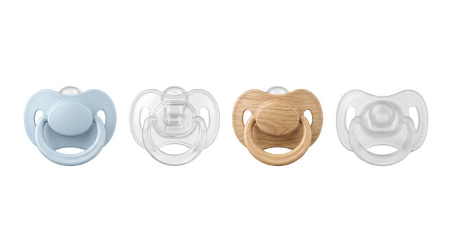 Four baby pacifiers in pastel colors isolated on transparent background