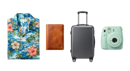 Summer travel vacation essentials layout isolated on transparent background