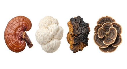 Four types of medicinal mushrooms isolated on transparent background © PNG Lab
