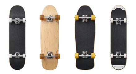 Four different skateboard and longboard decks isolated on transparent background © PNG Lab