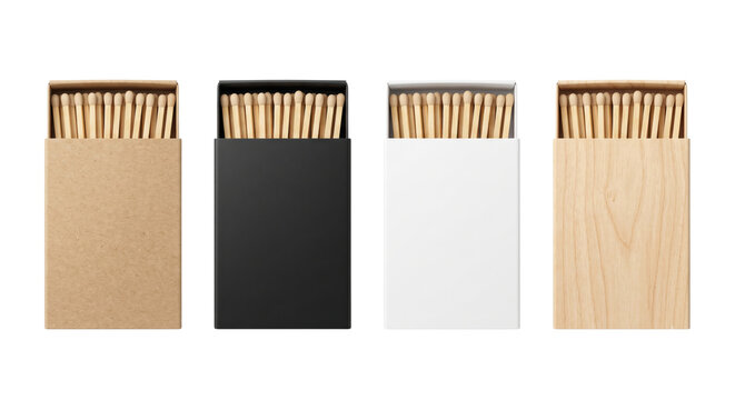 Four sliding cardboard matchboxes with matches isolated on transparent background