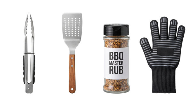 Barbecue cooking tools and spices isolated on transparent background