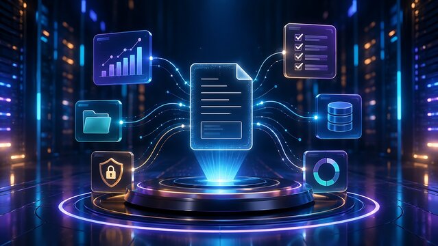 Interactive application ecosystem showcasing a central secure document surrounded by glowing interface icons in a dark cyber space representing integrated cloud services and digital platforms