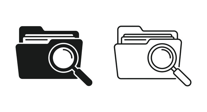 File folder with magnifying glass icon black and white line art
