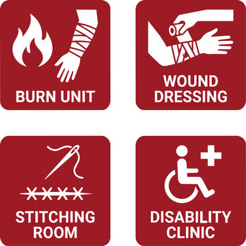 Emergency burn unit and wound dressing vector icon set, stitching room and disability clinic red sign template, flat medical signs for trauma surgery rehabilitation hospital