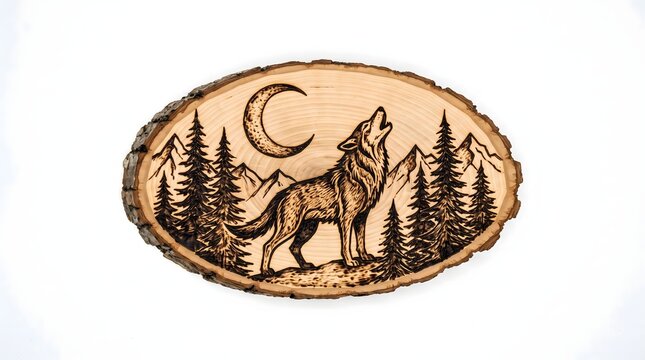 Handmade pyrography on a piece of wood, rustic wood-burning art, illustration of a howling wolf, isolated on a white background. AI generated.