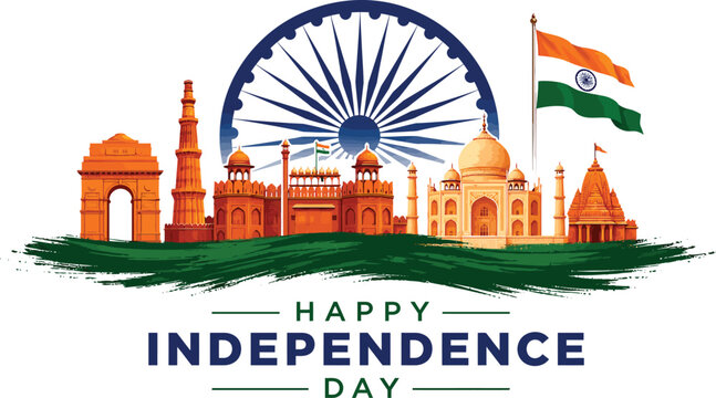 Indian Independence Day celebration banner featuring famous historical monuments and national flag illustration on a white background as a vector graphic