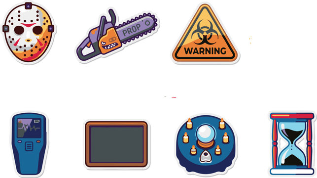 Halloween horror stickers collection including jason mask chainsaw warning sign and paranormal investigation equipment.