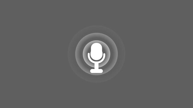 Minimalist white microphone icon animation with pulsing circular sound waves, voice recording and audio recognition symbol for UI/UX motion graphics on gray background.4K Animation Stock Video,