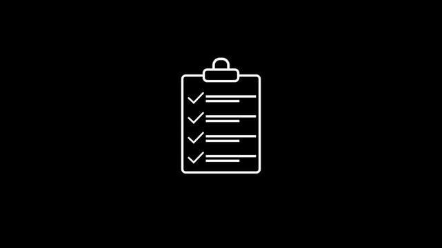 Minimalist white clipboard icon animation with appearing checklist and checkmarks, task completion and progress symbol for U motion graphics on black background.Animation on a Stock Video,