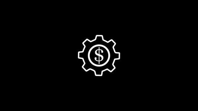 Minimalist white rotating gear icon with a dollar symbol in the center, financial process or economic engine animation for UI/UX motion graphics on black background.4K Animation Stock Video.