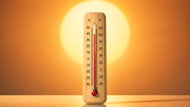 Hotwave Intense global warming visualization featuring a thermometer standing directly in front of a massive glowing orange sun emphasizing severe heatwaves and dangerous summer temperature spikes