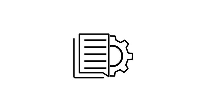 Minimalist black document and gear icon animation, representing system settings, file management, or technical configuration for motion graphics on white background.Animation on a Stock Video.