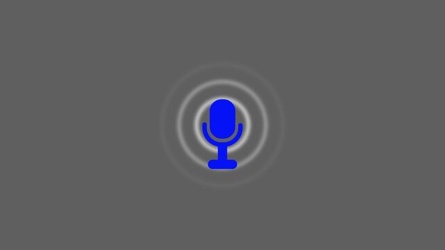 Minimalist blue microphone icon animation with pulsing circular sound waves, voice recording and audio recognition symbol for UI/UX motion graphics on gray background.4K Animation Stock Video.