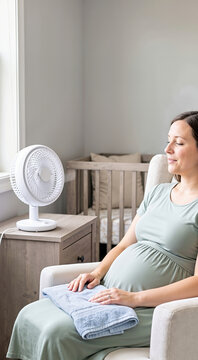 Vertical portrait of a pregnant woman resting in a chair with a cooling fan. Relief from summer heatwave exhaustion in a nursery