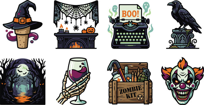 Dark gothic halloween icons including haunted fireplace spooky typewriter and creepy clown face design.