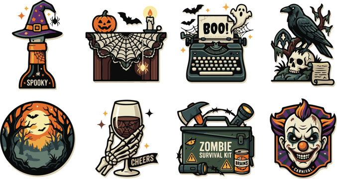 Spooky halloween illustration set featuring skeleton hand holding wine glass and creepy carnival clown mascot.

