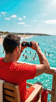 Lifeguard watching swimmers through binoculars from tower. Male lifesaver on duty monitoring water safety at the beach. Vertical photo