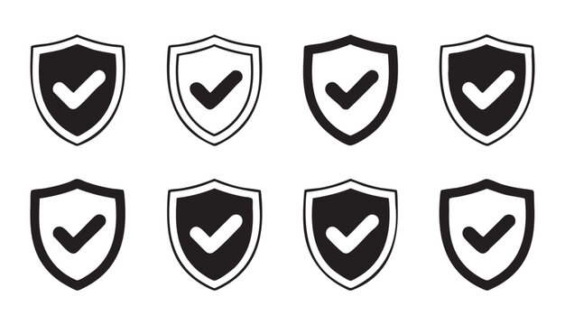 Shield check mark icon set on transparent background, security symbol with tick mark isolated.