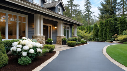 Obraz premium Elegant luxury home exterior with stone accents, manicured garden, blooming hydrangea, and curved driveway in serene forest setting
