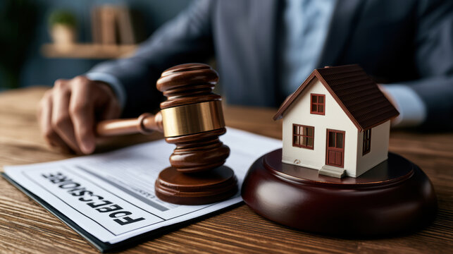 Gavel house model foreclosure document law legal auction wooden table justice property decision symbolizing serious legal process