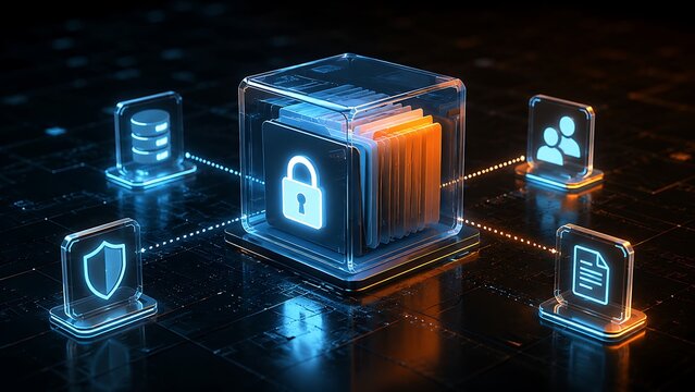 Transparent glass cube containing glowing secure folders surrounded by user icons indicating protected corporate network environments and reliable multi-user digital access management