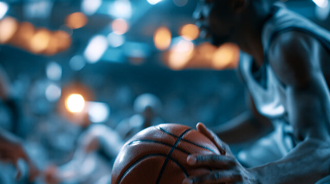 Faceless basketball association playoffs with a player dribbling past defenders, making a creative behind-the-back pass and assisting a precise free-throw line goal, live sports