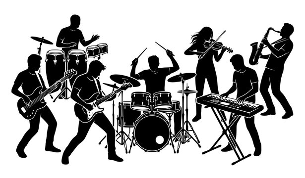 Musician Band Silhouettes with Guitar Drums and Violin Vector Illustration