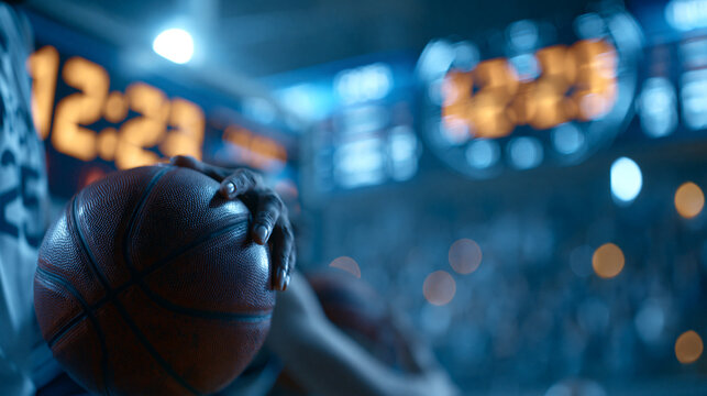 Faceless basketball championship with a player scoring a goal with a dunk bringing the diverse team closer to victory, sport TV channel broadcast with scores and shot clock