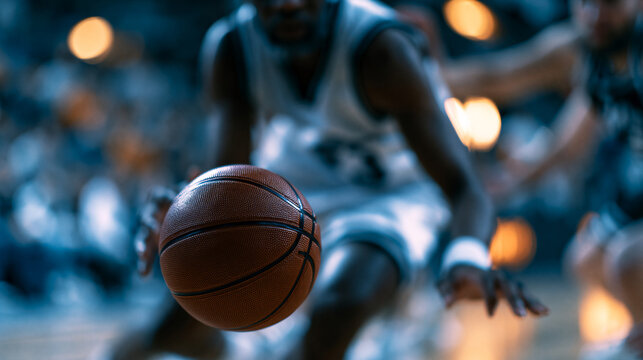 Faceless basketball association playoffs with a player dribbling past defenders, making a creative behind-the-back pass and assisting a precise free-throw line goal, live sports