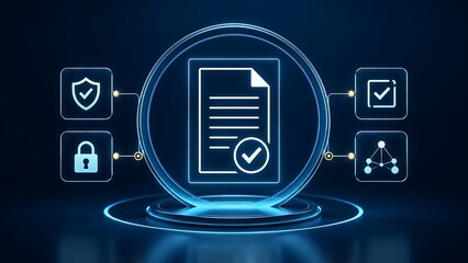 Fototapeta premium Innovative cyber security authorization interface displaying a digital document with shield and checkmark highlighting reliable compliance and trusted data privacy for modern enterprises