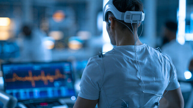 Vertical screen of a faceless man wearing a headset for cardiac monitoring during a treadmill exercise test in a futuristic facility, electrodes attached capturing vital data,