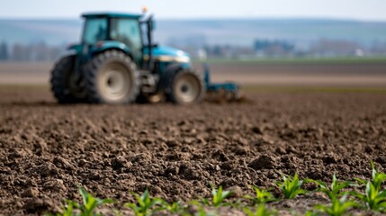 Obraz premium Tractor plowing fertile farmland in bright daylight agricultural scene