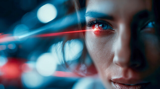 Close-up of a woman eye with red biometric laser scan, futuristic facial recognition, AI security and digital identity concept