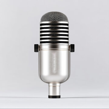 Vintage silver broadcast microphone, high fidelity, metallic finish, classic style, isolated on white background, professional audio equipment