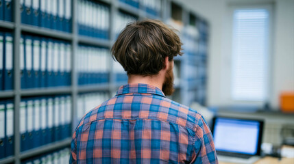 Fototapeta premium Archive employee reviewing business records with laptop in organized document management office
