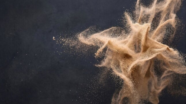 Cinematic abstract sand explosion with dynamic particle motion on matte charcoal background, copy space.⁠