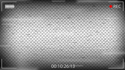 Naklejka premium DSLR mirrorless camera rec overlay. Recorder cam display frame. Video or photo recording screen. CCTV black and white glitch effect filter. Viewfinder cam layout template. Vector illustration